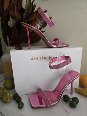 GUC Amina Muaddi Pink Mirror Rih Heel Sandals Women Womens Size 38 IT 7.5-8 US